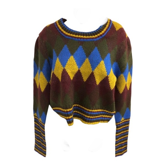 Brown multi argyle look pleated shoulders cuffed sleeves crewneck sweater size L - Picture 3 of 15